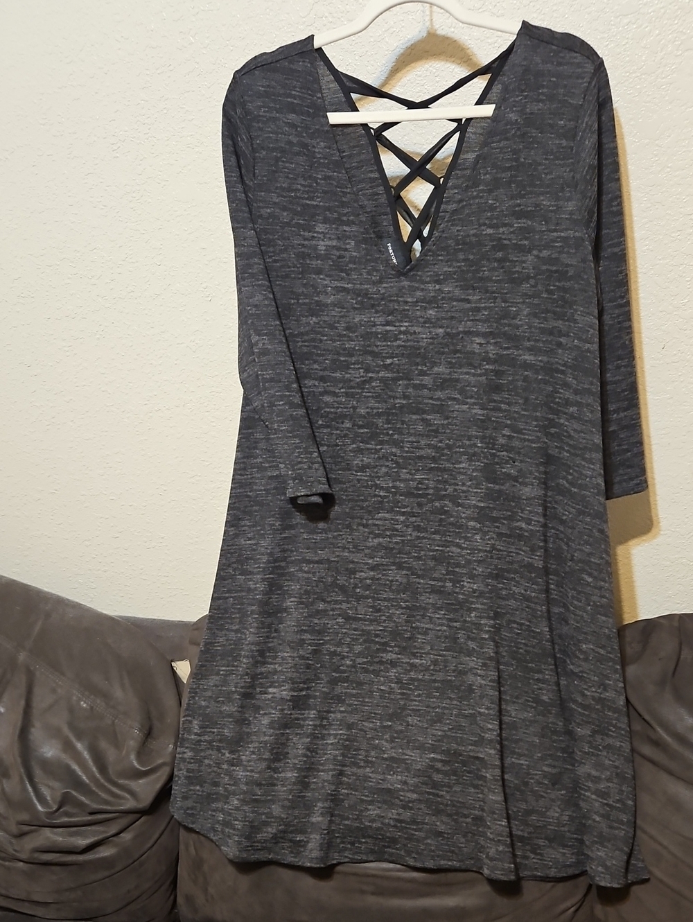Charcoal Grey Long-Sleeve Dress with Crisscross V-Neck